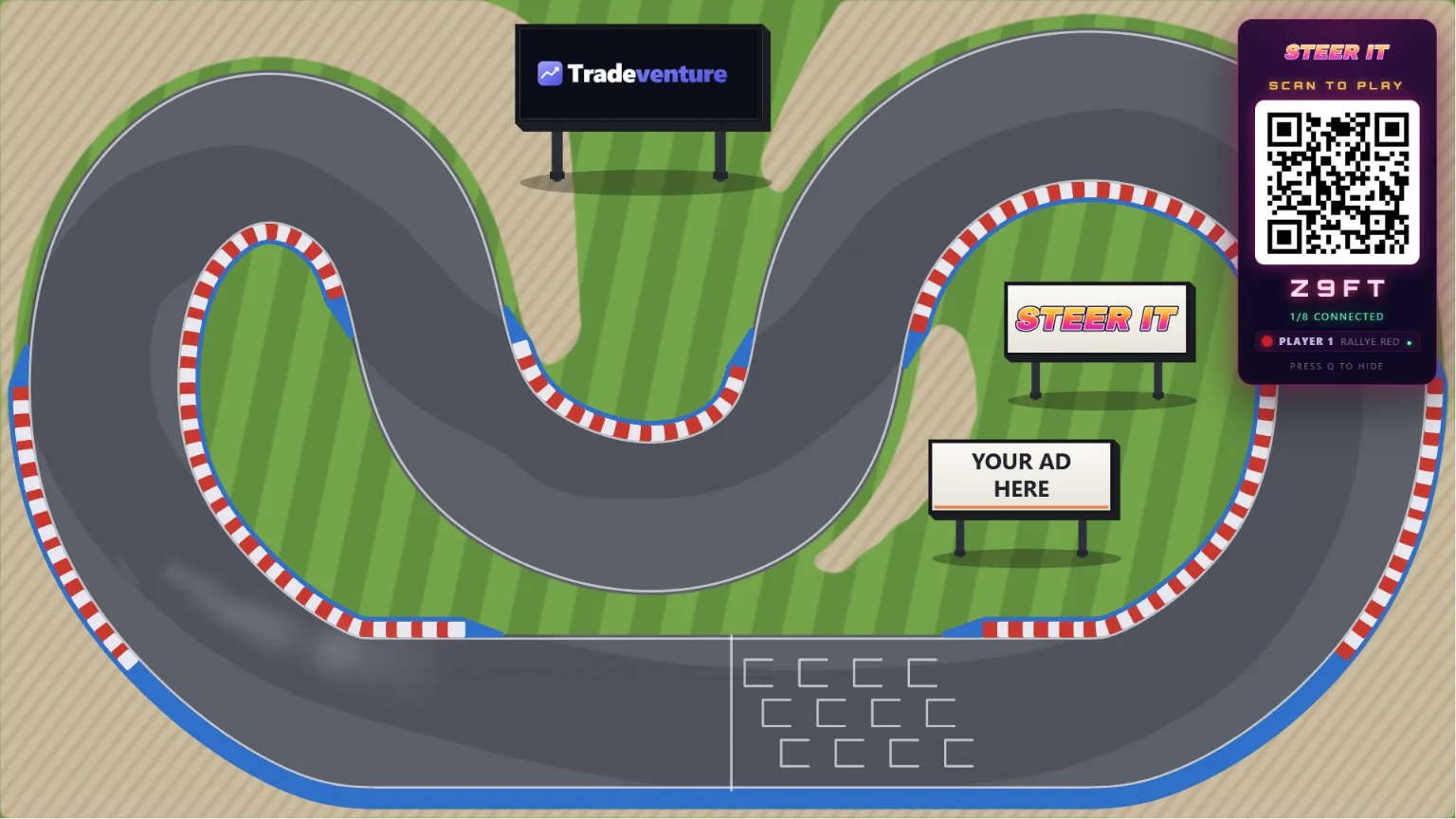 Steer It — the Circuit map on the host screen with the join QR panel