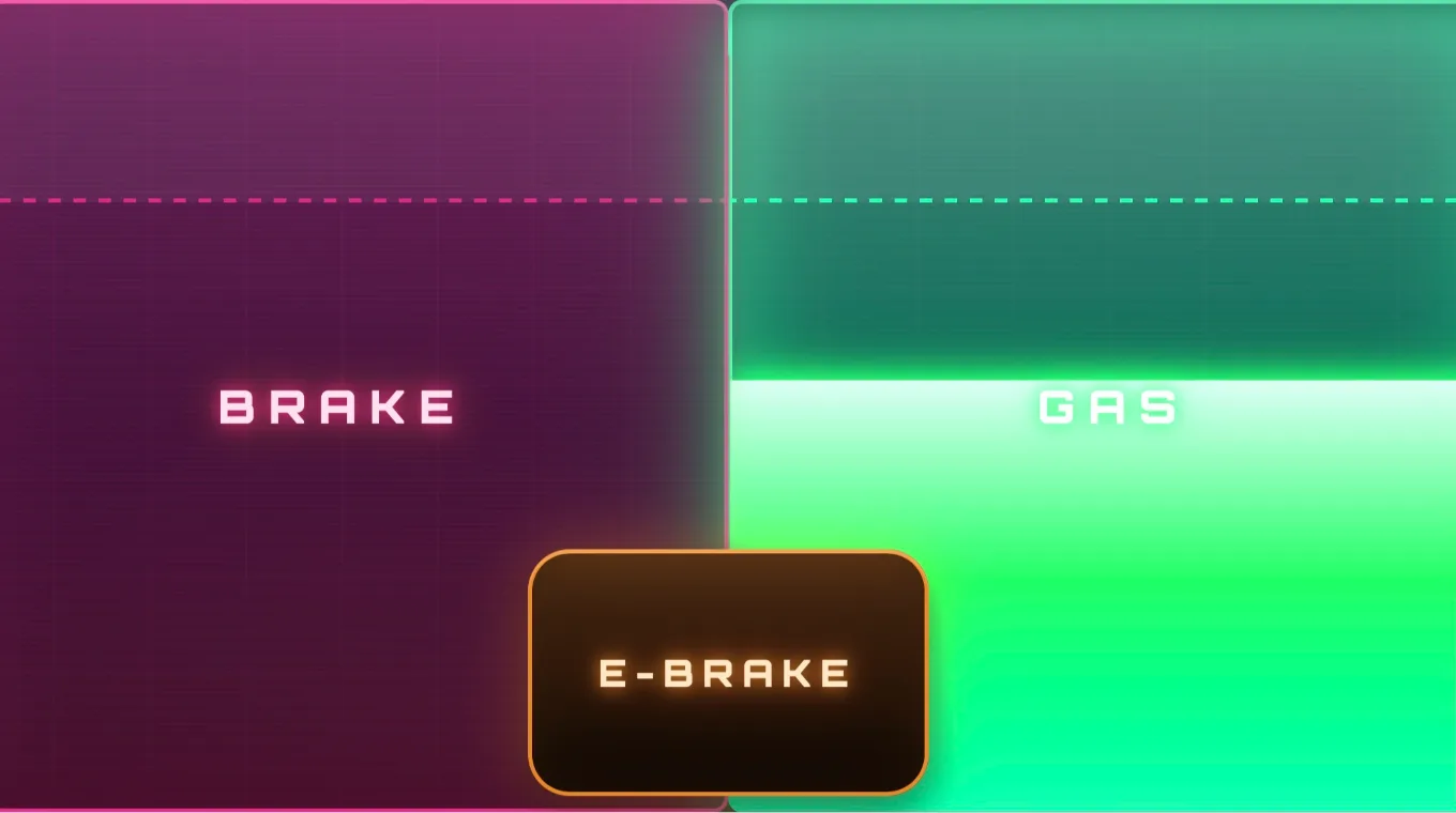 The phone controller — GAS, BRAKE and E-BRAKE pedals — held like a wheel
